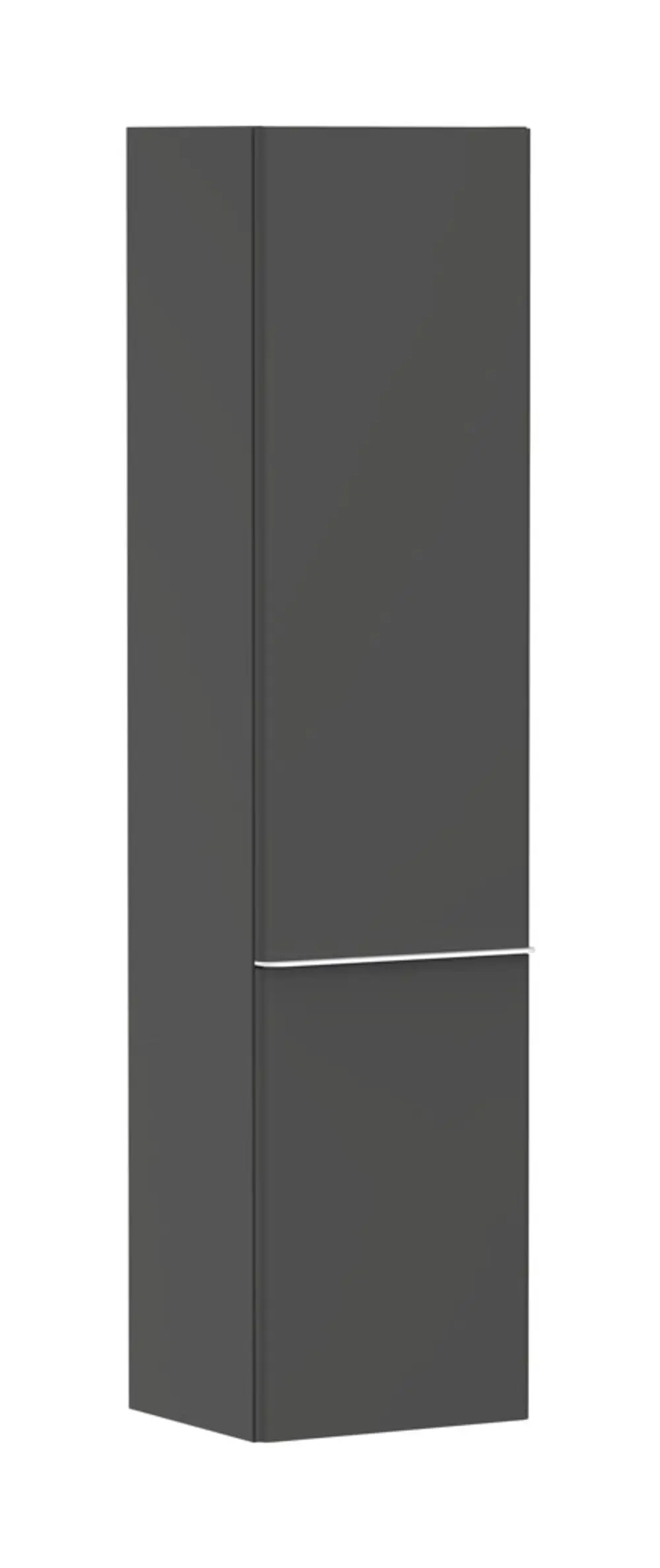 Hochschrank in Diamantgrau Matt mit vertikaler Oberfläche und einem Edelstahlgriff. Von Hansgrohe, für den Einsatz in Badezimmern geeignet. Türanschlag auf der linken Seite.